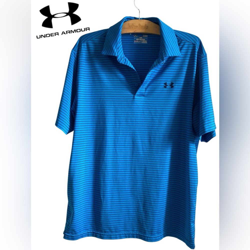 🌺UNDER ARMOUR Men’s Bright Blue Polo with Thin Black Stripes